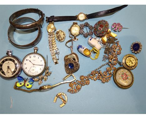 A silver hinged bangle, 22mm wide, another, smaller, (dented), a quantity of costume jewellery and two pocket watches. 