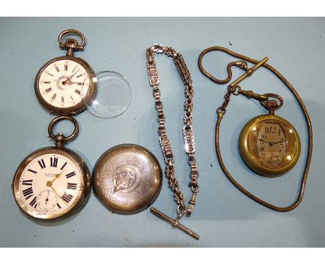 A Continental silver-cased keyless pocket watch, an engine-turned silver-cased key-wind pocket watch, a brass-cased keyless p