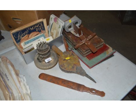 A carved wooden page turner, a pair of decorated bellows, a Victorian glass oil lamp reservoir, a stereoscopic viewer, a leat