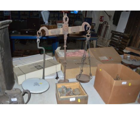 A set of Antique iron scales by Avery &amp; Co., with white china stand and a quantity of weights