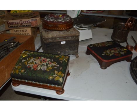 Three Victorian beadwork foot stools and a mini commode with upholstered top