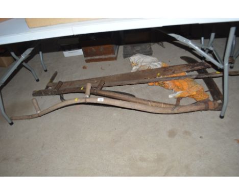 Two vintage scythes, a cross-cut saw, a slasher etc.
