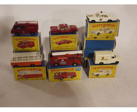 Matchbox series emergency and other vehicles, to include: 3 x Land Rover fire truck 57; 3 x fire chief's car 59; 4 x police c