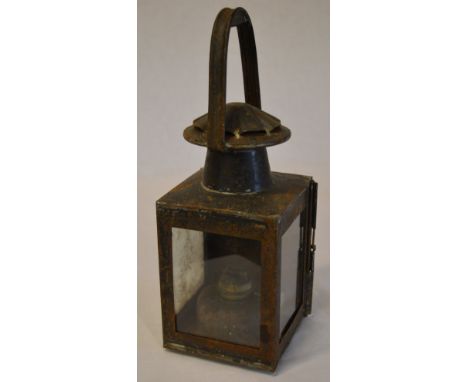 Railway lamp of square form, marked BR (M) to the reverse with a Sherwood's Ltd burner (rusted)