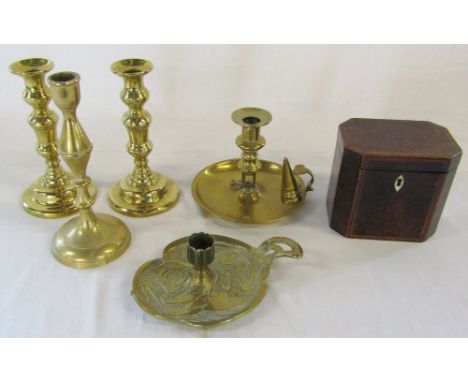 Wooden tea caddy & brass candlesticks etc