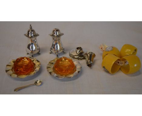 Various EPNS, broken silver candlestick holder and 4 napkin rings with silver plaques