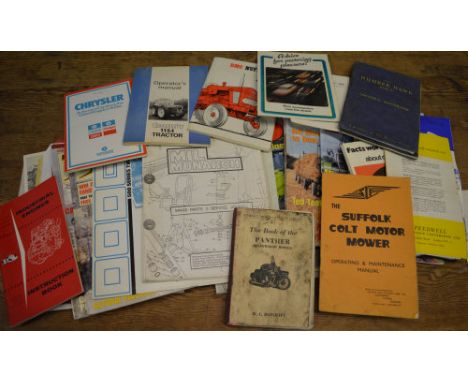 Various automobile/vehicle manuals including operating manuals for tractors, industrial engines, Humber Hawk, Panther motorbi