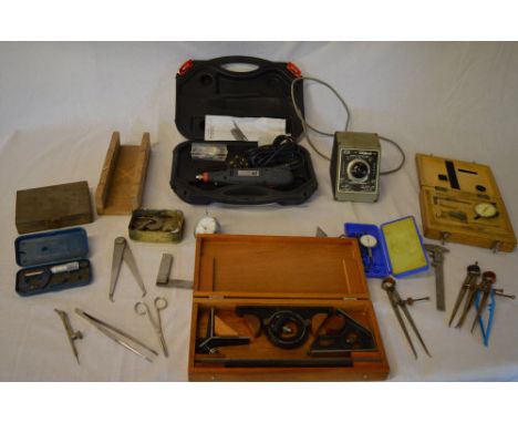 Various vintage hand tools / precision tools including micrometer, dremel style multi tool, gauges etc