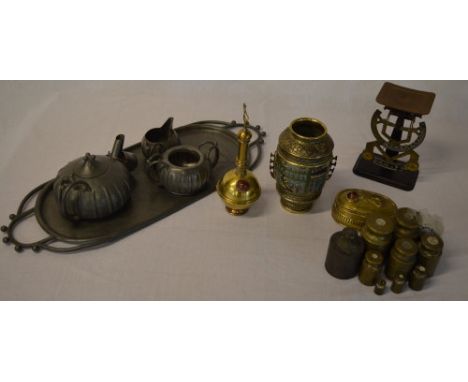 Cloisonne style vase, various brassware, pewter, weights, scale etc 