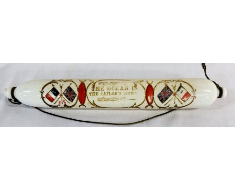 Victorian glass rolling pin with inscription 'The ocean is the sailors home'