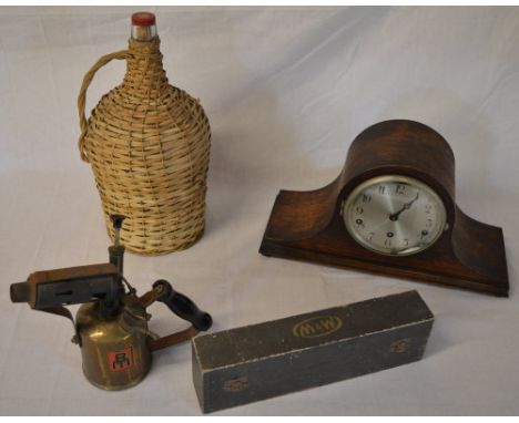 1930s mantle clock, Moore & Wright cased spirit level, brass blow torch and a wicker wrapped demijohn style bottle