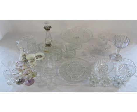 Selection of glassware inc cake stand, candle holders & decanter and Wedgwood ceramics