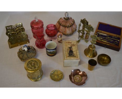 Various cranberry glass (AF), ceramic cup, brassware, draftsman's set etc