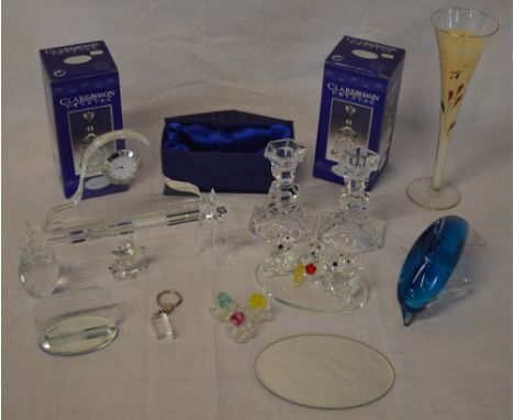 Ex shop stock - Various crystal items including a mantle clock, figures of mice, Clarendon Crystal bells etc