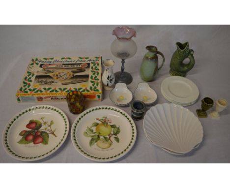 Box of mixed items including vintage Airfix kit, plates, candle holder, vases etc