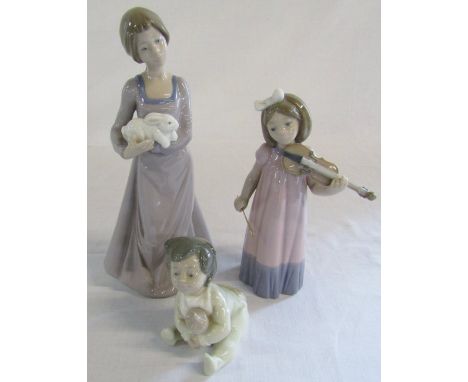 3 Nao figurines - girl with violin, baby & girl with rabbit