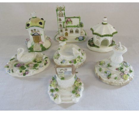 Selection of Coalport ceramics - Village Church, The Umbrella House, Dove cote, The Bird bath, The Sundial, The lily pond and
