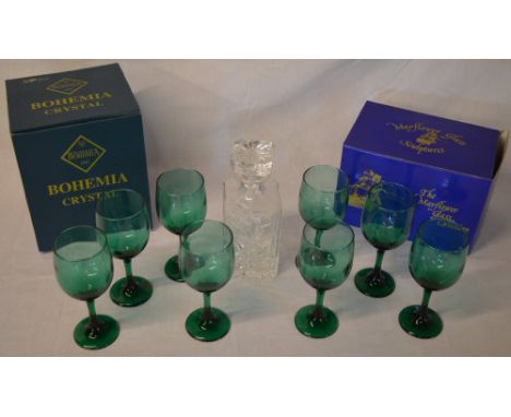 8 green glass goblets, decanter, Bohemia crystal vase and a Mayflower glass 'Ship in a Bottle' 