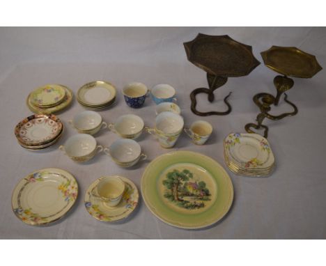 Clarice Cliff plate depicting a boy fishing, various other ceramics including Noritake and 3 brass snakes 
