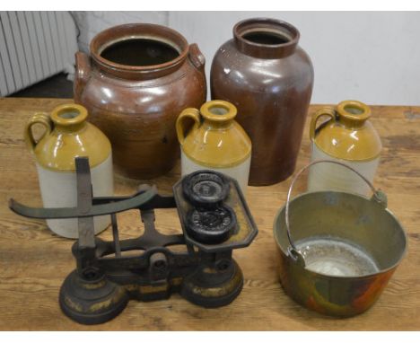 Various flagons marked 'X', scales, small brass jam pan etc
