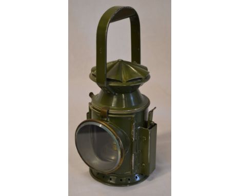 A Wakefield's of Birmingham guards railway hand lamp in dark green, with faded plaque to side, possibly ex-military 