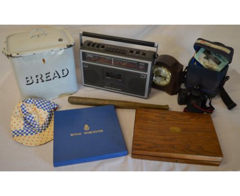 Enamel breadbin, Canon EOS 700 35mm camera, vintage stereo, canteen of cutlery etc