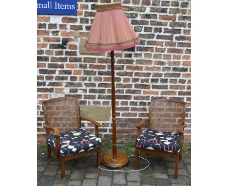 Pair of bergere chairs with modern material covers and a standard lamp