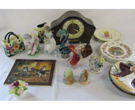 Various ceramics inc Nao (af), Old Tupton, Aynsley & Royal Doulton Four Seasons Bramley Hedge plates, 1960's mantle clock, on