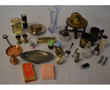 Mixed lot including Portmeirion tankards, modern carriage clock, miniature miners lamp, brass, copper etc  
