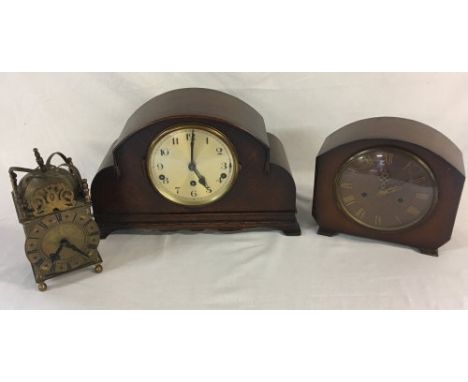 2 1930's mantle clocks & a reproduction brass lantern clock (AF requires wiring)