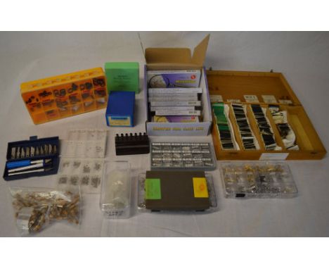 Watch parts - box of watch tools and spares including magnifying glasses, replacement crystals, watch strap buckles, strap ba