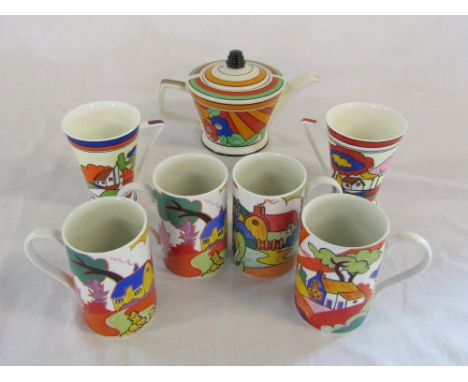 Past Times Clarice Cliff inspired Art Deco teapot together with 2 Wren Art Deco mugs and 4 Fantasia Dunoon Art Deco mugs
