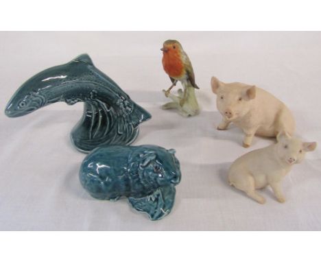 Aynsley 'Piggy' and 'Piglet' figures, Poole pottery guinea pig and trout & a Goebel robin