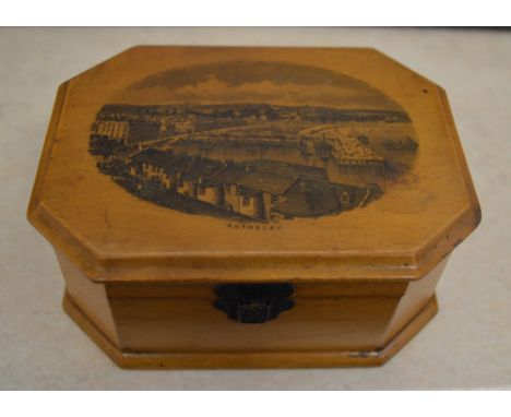 Scottish Mauchline ware octagonal trinket box, the lid printed with a view of Rothesay, the left side depicting Rothesay From