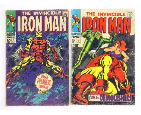 IRON MAN #1 &amp; 2 (1968 - MARVEL - UK Cover Price) - Origin of Iron Man retold + First appearance of Janice Cord - Gene Col
