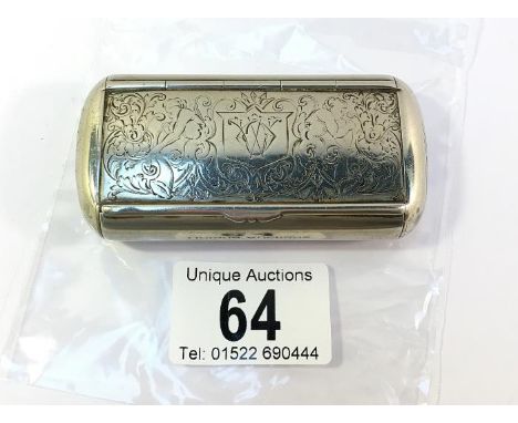 An unusual Victorian silver plated snuff box with engraved scene of a gentleman skating