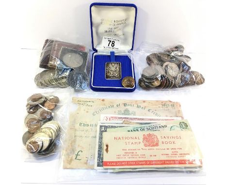 A box containing pre-decimal and early decimal English coins including 12 crowns and a sterling silver medallion, a selection