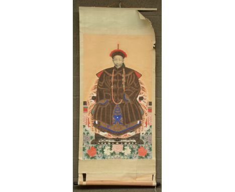 A Chinese ancestor portrait, watercolor on paper, 19thC, 76,5x163,5 cm (damage)