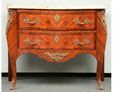 A mahogany veneered and marquetry LXV style commode, brass mounts and a Rosalia turque marble top, H 89,5 - W 114,5 - D 54 cm