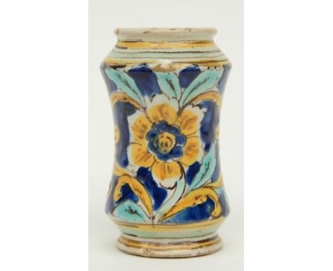 An 18thC Italian polychrome decorated albarello, H 14,5 cm (rimchip on the base)