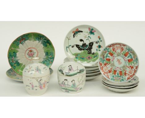 A lot of Chinese famille rose and polychrome decorated dishes and saucers, some marked; added two ditto pots and covers, H 12