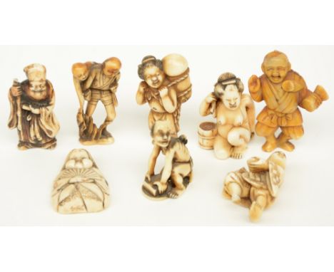 Eight Meiji period Japanese ivory katabori-netsuke/mini-okimono (some of them slightly erotic), H 4,8cm, Total weight 70g (tw