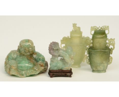 Two Chinese archaistic jade vases and covers; added a Chinese green quartz Budai and a model of two Fu lions, H 14,5 - 21 cm