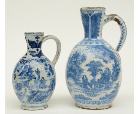 A 17thC blue and white Dutch Delftware jar; added a ditto 18thC jar, marked 'P.A.K.' (Pieter Andreanszoon Kocx), H 19,5 - 26 