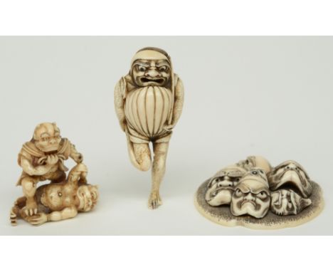 Three exceptional Edo period Japanese ivory katabori-netsuke, two in the form of kappa ('river child'), one in the form of ka