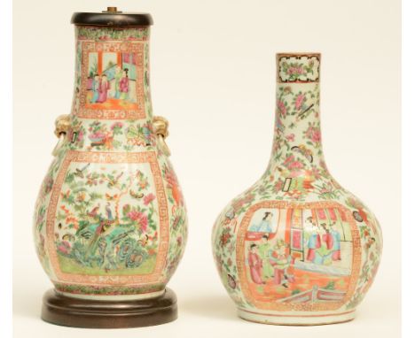 A Chinese Kanton bottle vase and pear shaped vase, famille rose, decorated with court scenes, 19thC, H 34 - 38,5 cm (one vase