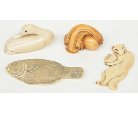 Four late Edo/early Meiji period Japanese ivory katabori-netsuke, in the form of fish, a duck and a fox, H 8,2cm, Total weigh