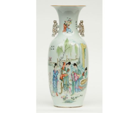 A Chinese polychrome vase, one side painted with a galant scene, the other painted with a boy playing with a toad, signed, H 