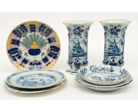 Various 18thC blue and white decorated Dutch Delftware dishes; added two ditto vases, marked 'De Clauw', H 23 - 23,5 cm - Dia