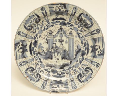 A 18thC Dutch Delftware Wanli plate, blue and white decorated, H 5,5 - Diameter 35 cm (flaking of the glaze, firing fault and